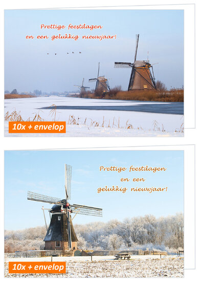 20 luxe kerstkaarten molens - gevouwen kaarten met envelop (set nr. 112)