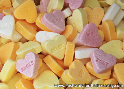 Ansichtkaart Snoep Vruchtenhartjes, postcard Fruit hearts candy, Postkarte Fruchtherzen Süßigkeiten