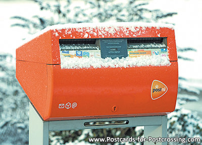 ansichtkaart  Nederlandse brievenbus in de sneeuw, postcard Dutch mailbox in the snow, Postkarte Nierderlandsche Briefkasten im
