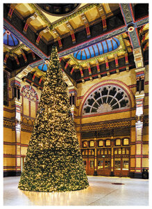 ansichtkaart kerstboom Centraal Station Groningen, postcard Christmas tree Central Station, Postkarte Tannenbaum Hauptbahnhof